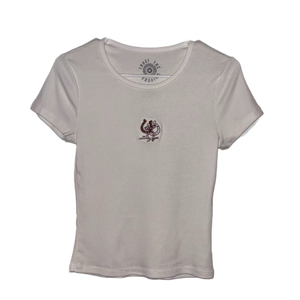 Trust the Universe White T-Shirt with Embroidered Design Lucky You NWOT